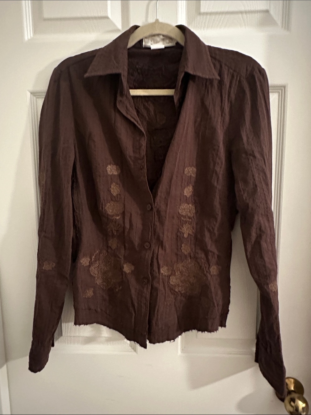 Brown Embroidered Button-Down Women's Top